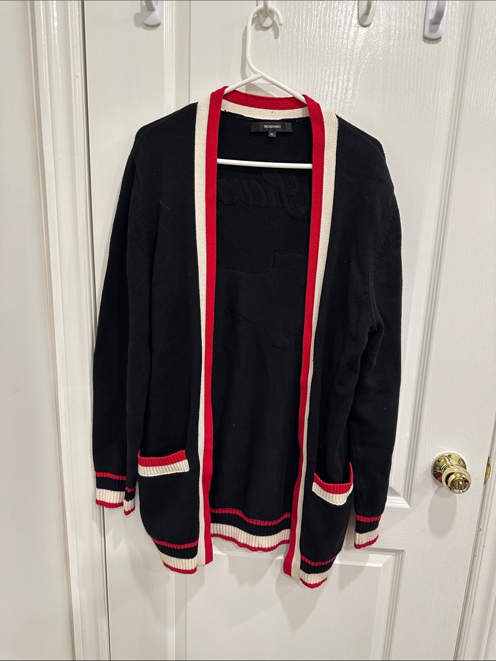 Men's Black Open-Front Cardigan with Red & Cream Trim